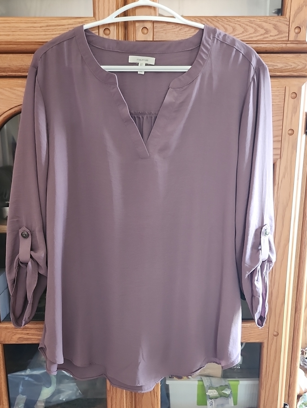 Maurices Lavender‑Mauve V‑Notch Roll‑Tab Blouse